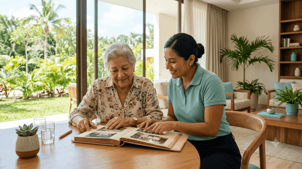 Cuidado de adulto mayor con Alzheimer acompañado por un cuidador en una residencia en Cancún