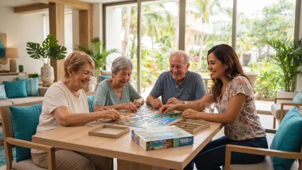 Adultos mayores armando un rompecabezas en grupo, actividad de estimulación cognitiva para adultos mayores en una residencia en Cancún